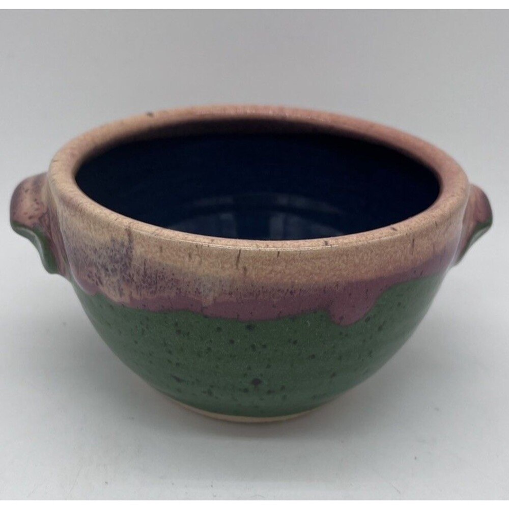 Green Blue Dripware Art Pottery Bowl Handles Signed Watts Indian Mountain Dish